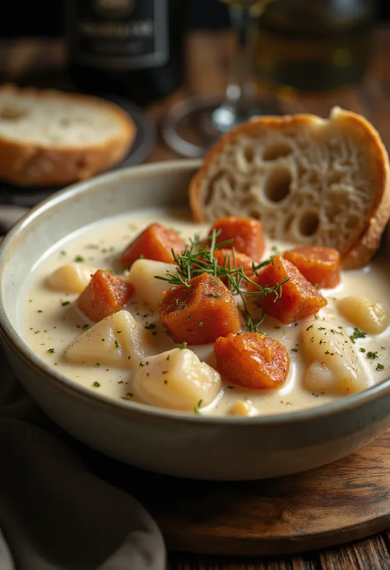 Cullen Skink chorizóval, gazdag és krémes skót halleves.