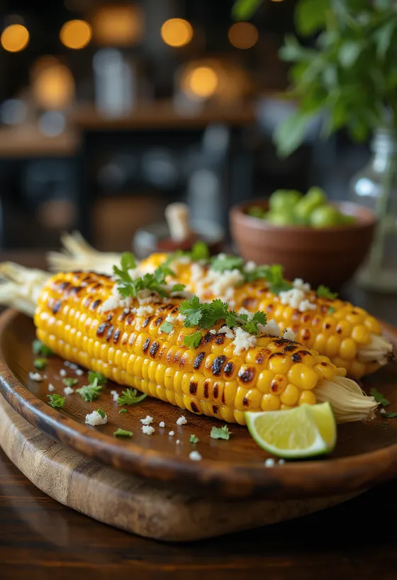 Elote vajjal, parmezánnal és korianderrel díszítve