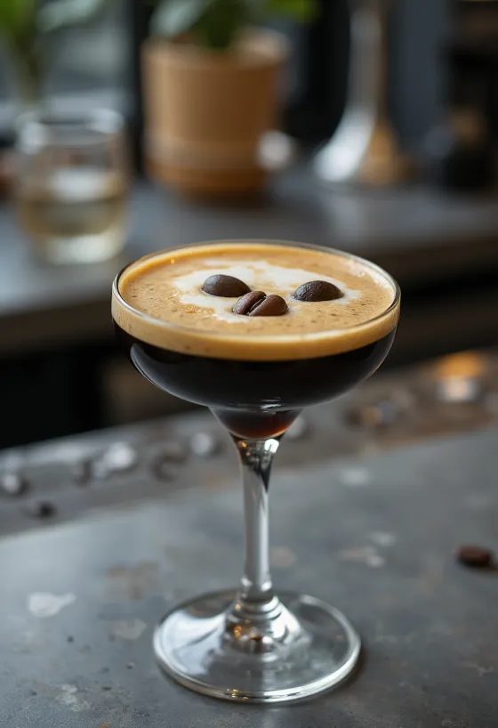 Espresso Martini koktél három kávészemmel díszítve