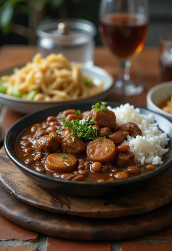 Feijoada sertéshússal, tálalva egy gazdag füstölt húsos levessel