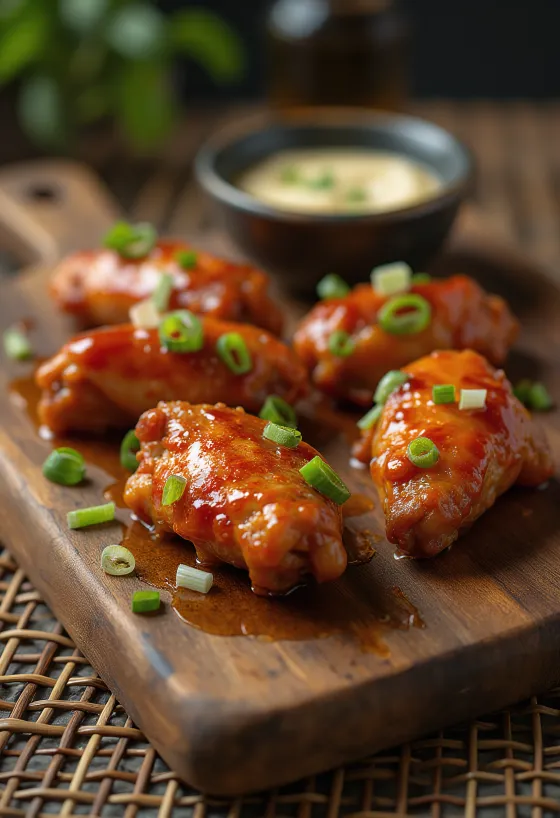 Füstölt BBQ csirkeszárny sriracha szósszal tálalva