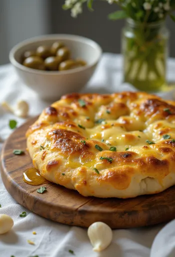 Füstölt sajtos-fokhagymás focaccia tálalva