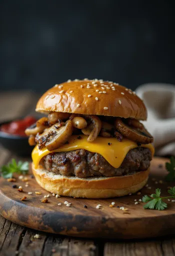 Gombás-sajtos burger tálalva