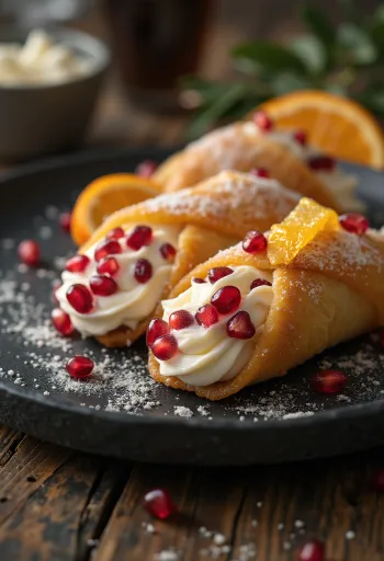 Gránátalmás-marcipános cannoli tálalva