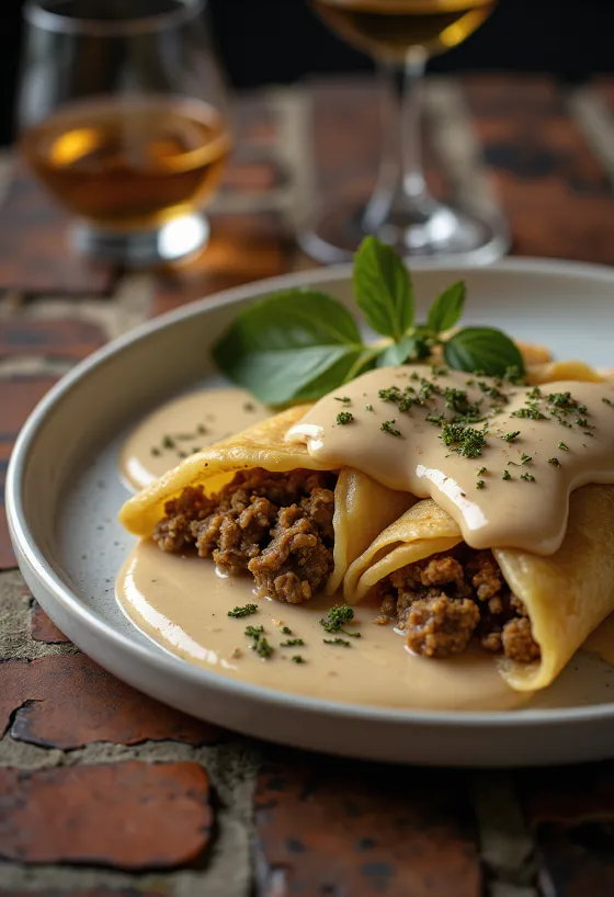 Haggis palacsintában, friss petrezselyemmel díszítve
