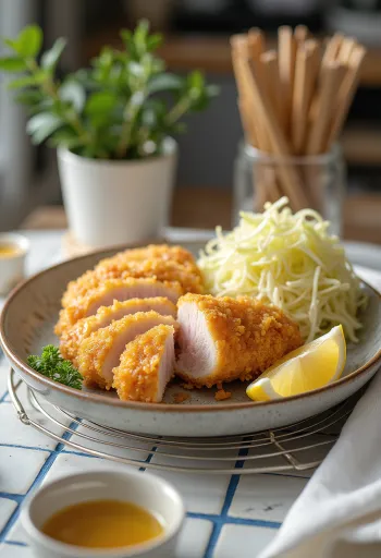 Tonkatsu tálalva, ropogós panírozott sertésborda tonkatsu szósszal