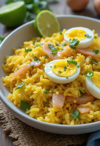 Kedgeree citromlével, füstölt hallal és tojással, egy ínycsiklandó étel