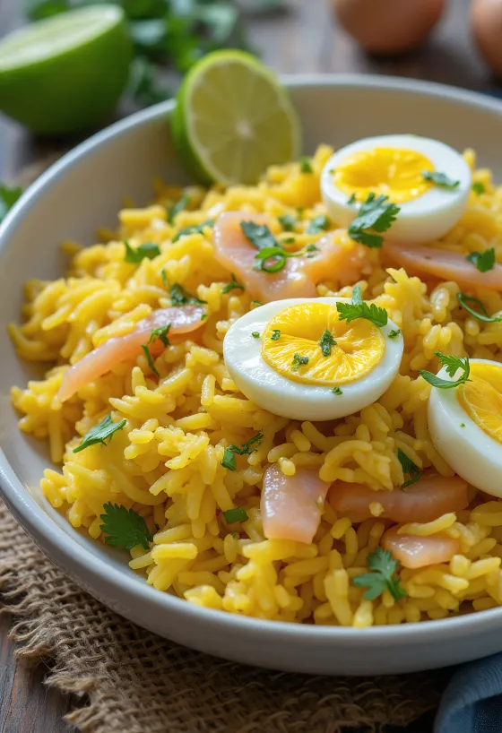 Kedgeree citromlével, füstölt hallal és tojással, egy ínycsiklandó étel