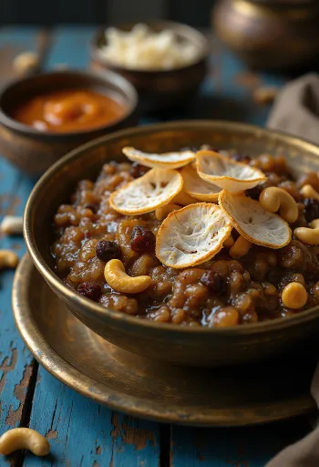 Kovil Sakkarai Pongal, friss fűszernövényekkel tálalva