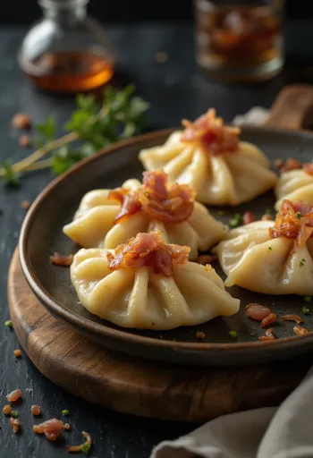Lengyel sonkás pierogi tejföllel és pirított hagymával tálalva
