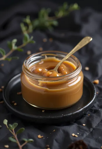 Manjar de leche tejkaramellás változat, gazdag karamellás krém tálalva