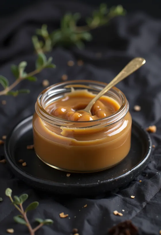 Manjar de leche tejkaramellás változat, gazdag karamellás krém tálalva
