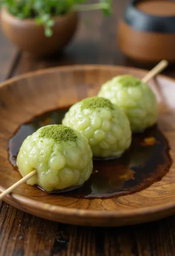 Matcha dango tálalva, szójaszószos sziruppal