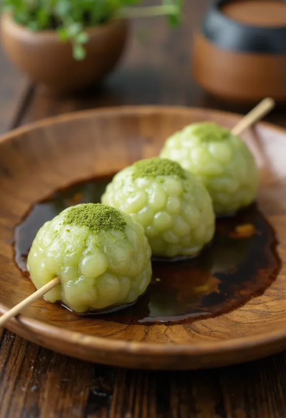 Matcha dango tálalva, szójaszószos sziruppal