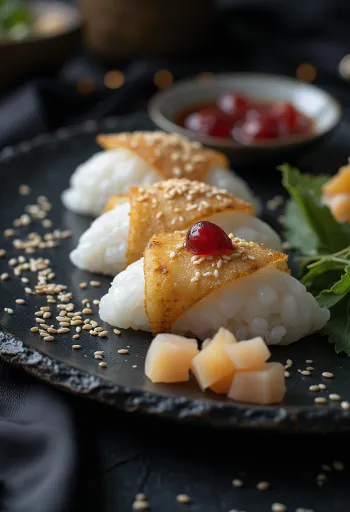 Omusubi umeboshival, japán rizsgolyó savanyított szilvával és nori alga lapokkal.