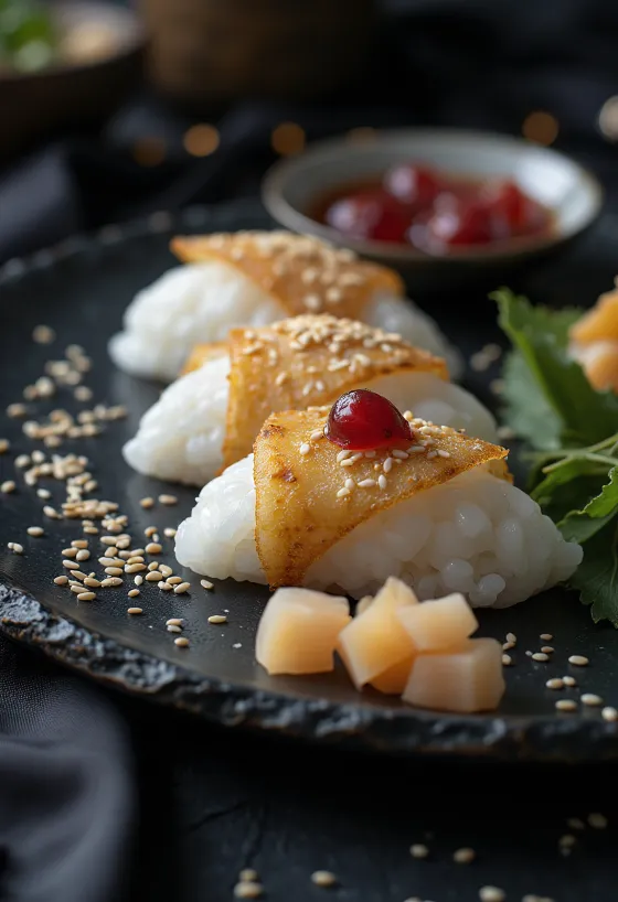 Omusubi umeboshival, japán rizsgolyó savanyított szilvával és nori alga lapokkal.