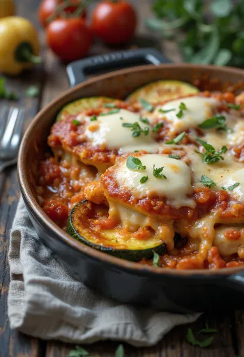 Parmigiana sült cukkínivel, mozzarella sajttal és bazsalikommal díszítve