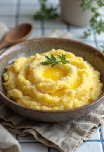 Krémes polenta lágy állaggal, vajjal és parmezánnal díszítve