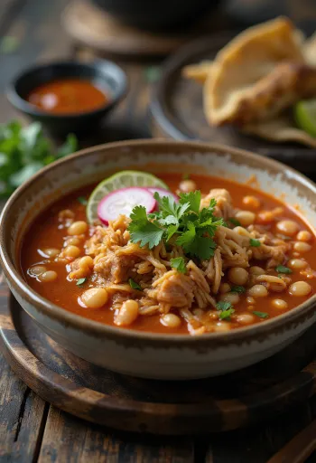 Pozole rojo, gazdag piros chili pürével és friss korianderrel tálalva