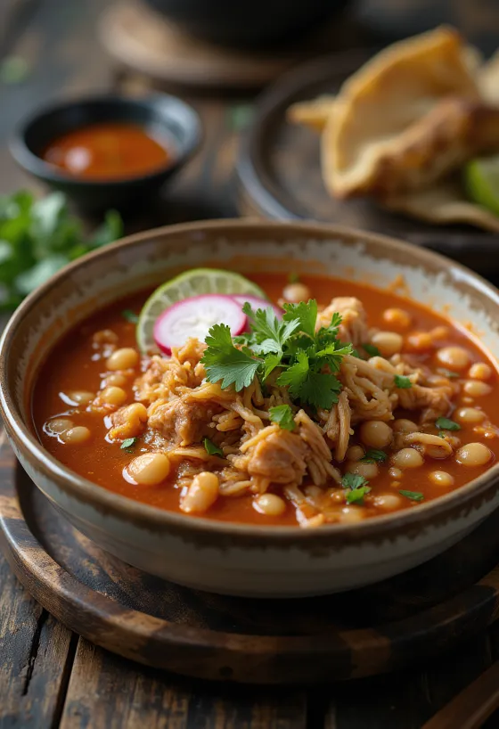Pozole rojo, gazdag piros chili pürével és friss korianderrel tálalva