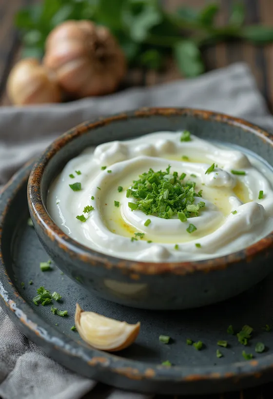 Petrezselymes joghurt probiotikummal, zöld fűszerekkel keverve, pohárban vagy tálkában tálalva