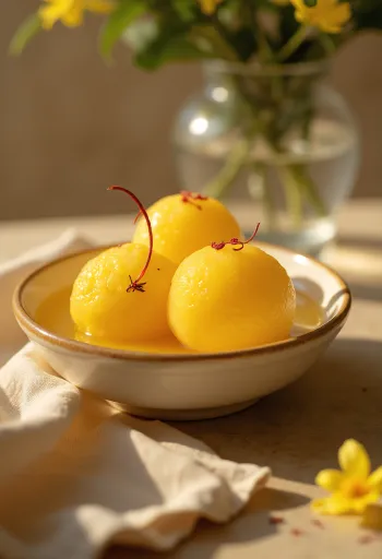 Rasgulla kamalabhoggal, rózsavizes sziruppal tálalva
