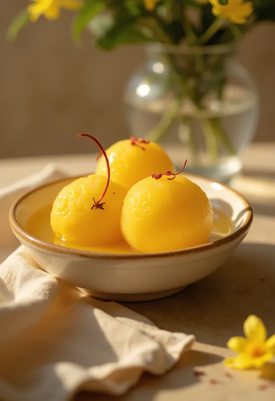 Rasgulla kamalabhoggal, rózsavizes sziruppal tálalva