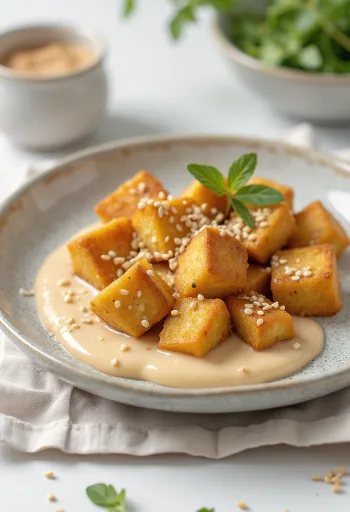 Sült tofu tahini szósszal tálalva