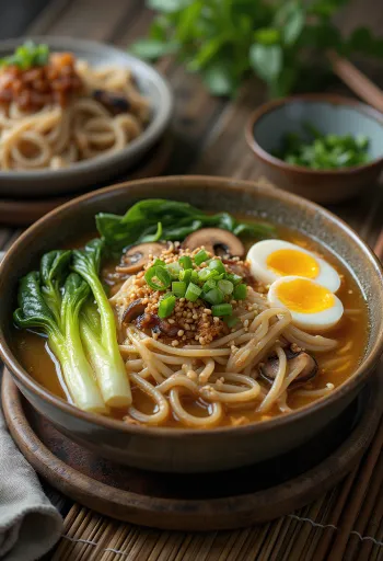 Udon-style Ramen tálalva vastag tésztával és tojással