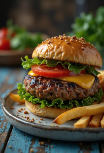 Vegán húsos burger vegán sajttal és friss zöldségekkel tálalva
