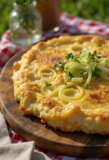 Welsh rarebit póréhagymával tálalva, sajtos szószban, pirítós kenyér tetején, friss póréhagyma darabokkal