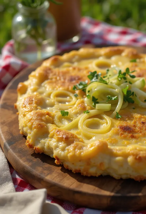 Welsh rarebit póréhagymával tálalva, sajtos szószban, pirítós kenyér tetején, friss póréhagyma darabokkal