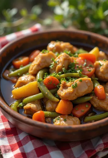 Adobo zöldségraguval, friss korianderrel díszítve