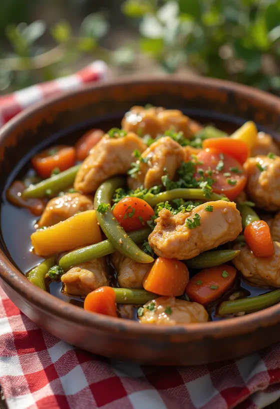 Adobo zöldségraguval, friss korianderrel díszítve