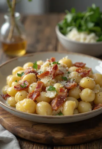 Baconös gnocchi tálalva