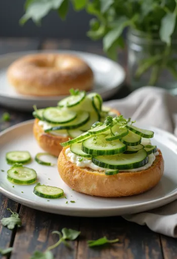 Bagel kaporral és krémsajttal, friss uborkával díszítve