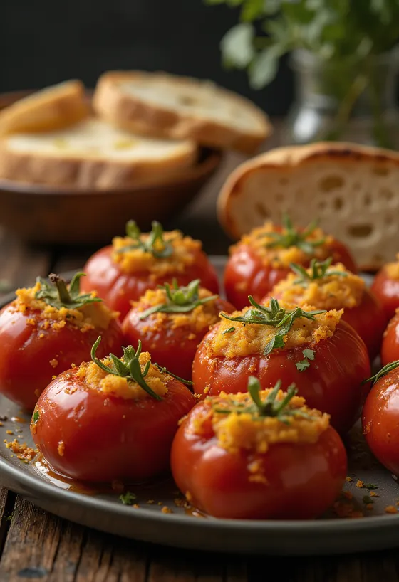 Bharwa tomato, töltött paradicsom, friss korianderrel tálalva