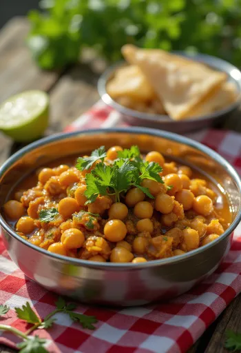 Chana Masala korianderrel tálalva, gazdag fűszerekkel