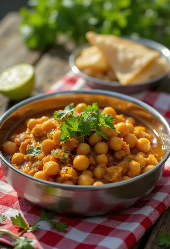 Chana Masala korianderrel tálalva, gazdag fűszerekkel