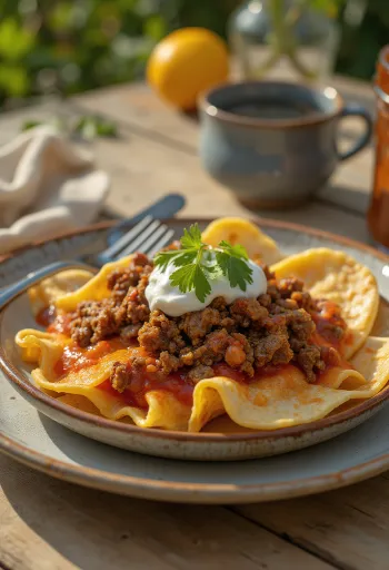 Chilaquiles con carne molida – darált hússal, piros szósszal, sajttal és tejföllel tálalva
