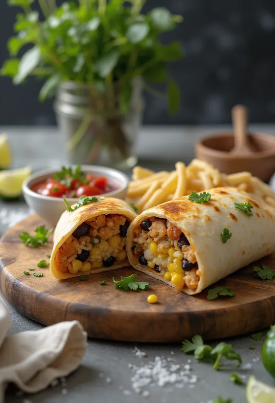 Csirkés burrito friss zöldségekkel, rizzsel és sajttal töltve