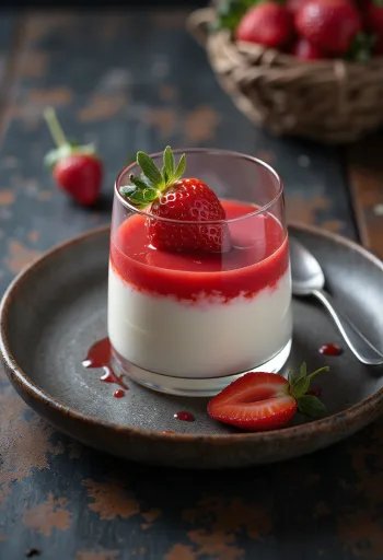 Epres panna cotta friss gyümölcsökkel és eperszósszal díszítve