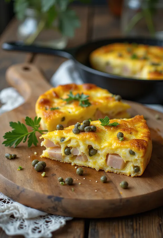 Frittata tonhallal és kapribogyóval, friss zöldségekkel tálalva