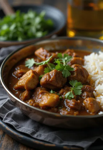 Goat curry tálalva rizzsel és korianderrel