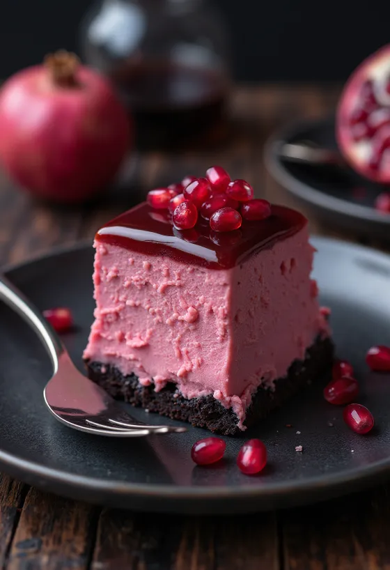 Gránátalmás mousse torta tálalva