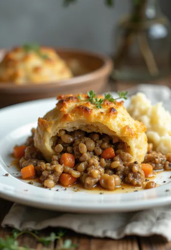 Haggis vegetáriánus változatban, gazdag lencsével és zabpehellyel, friss petrezselyemmel díszítve.