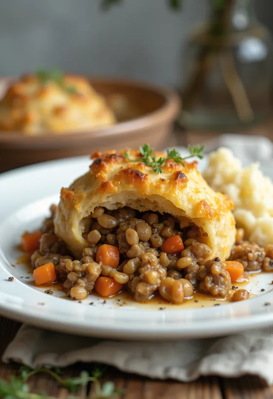 Haggis vegetáriánus változatban, gazdag lencsével és zabpehellyel, friss petrezselyemmel díszítve.
