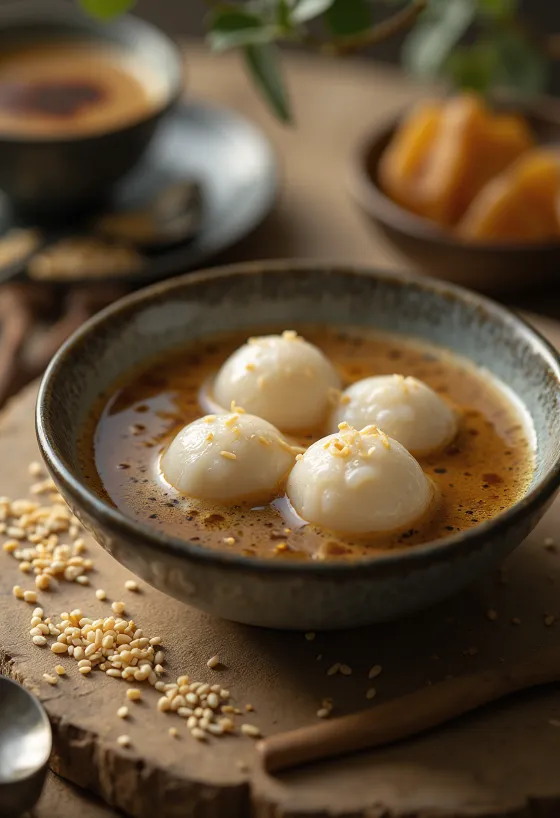Kávés Tangyuan, rizslisztből készült gombócok kávéval és tejszínnel, friss citrommal és szezámmaggal.