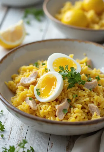 Klasszikus Kedgeree füstölt makrélával, tojás és rizs kombinációja