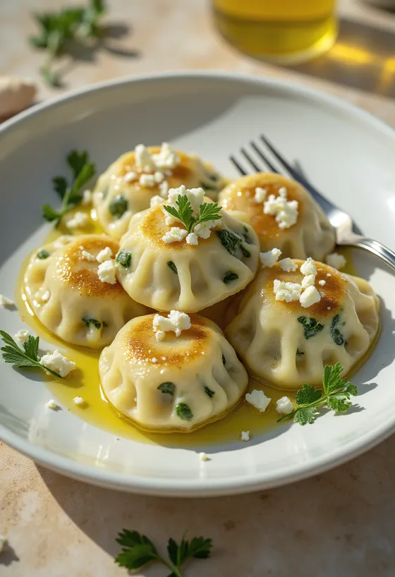 Spenótos-fetás pierogi tejföllel tálalva